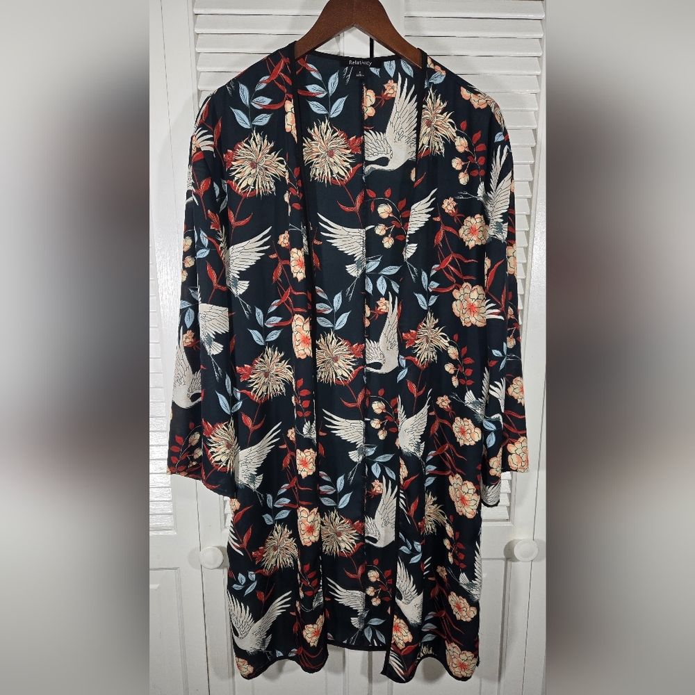Relativity Cranes Flowers Black Long Kimono Open Front Sz S